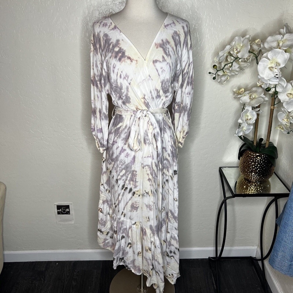 Young Fabulous & Broke Jillian Dress Purple gray Tie Dye Wrap Midi Bohemian S